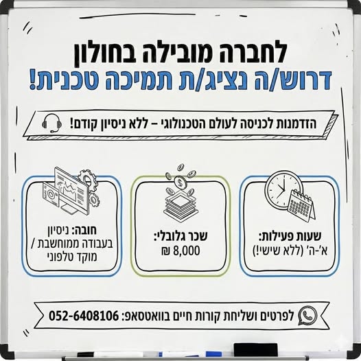 דרוש איש תמיכת לקוחות בחולון