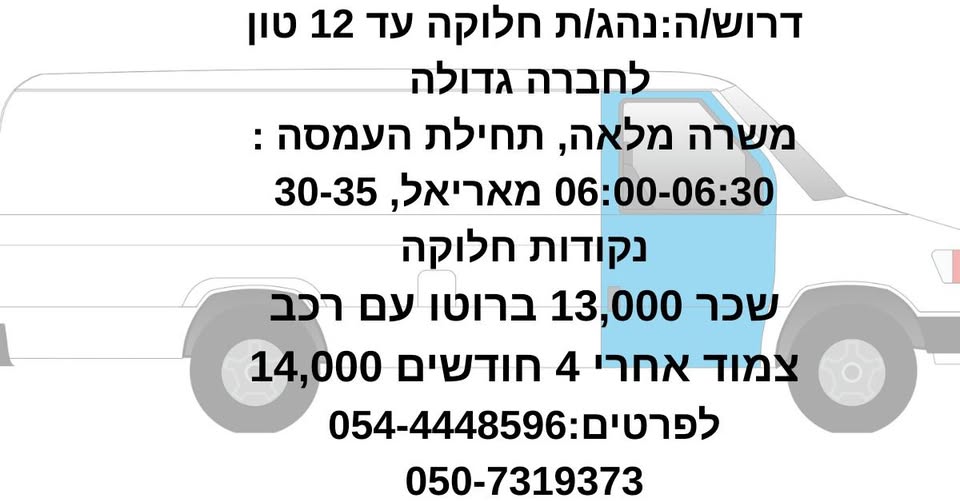 דרוש נהג חלוקה והפצה באריאל