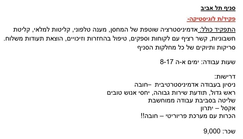 דרוש מזכירות ופקידות בתל אביב