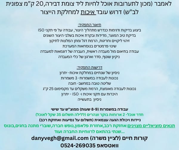 דרוש בקרת איכות בבאר שבע