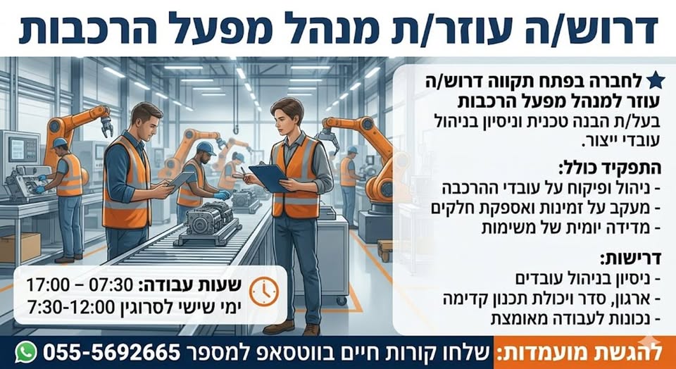 דרוש עובד/ת בתחום מכונות ותעשיה בפתח תקווה