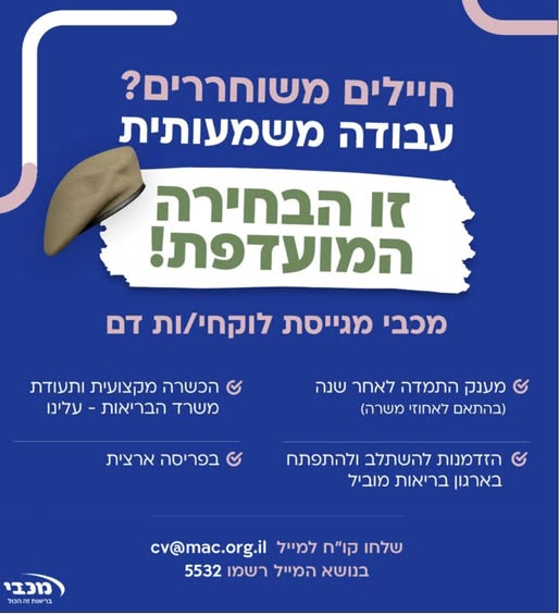 דרוש עובד/ת בתחום חיילים משוחררים ברחובות