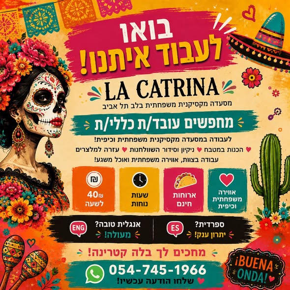 דרוש עובד/ת בתחום מסעדנות, בתי קפה וקייטרינג בתל אביב