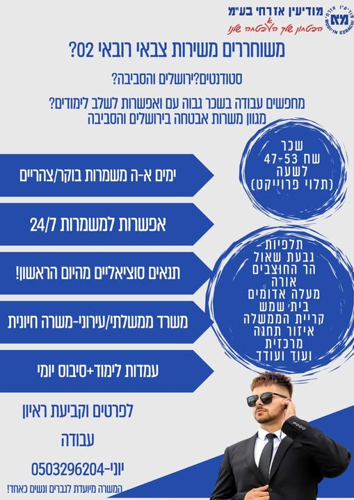 דרוש עובד/ת בתחום אבטחה ושמירה בירושלים והסביבה