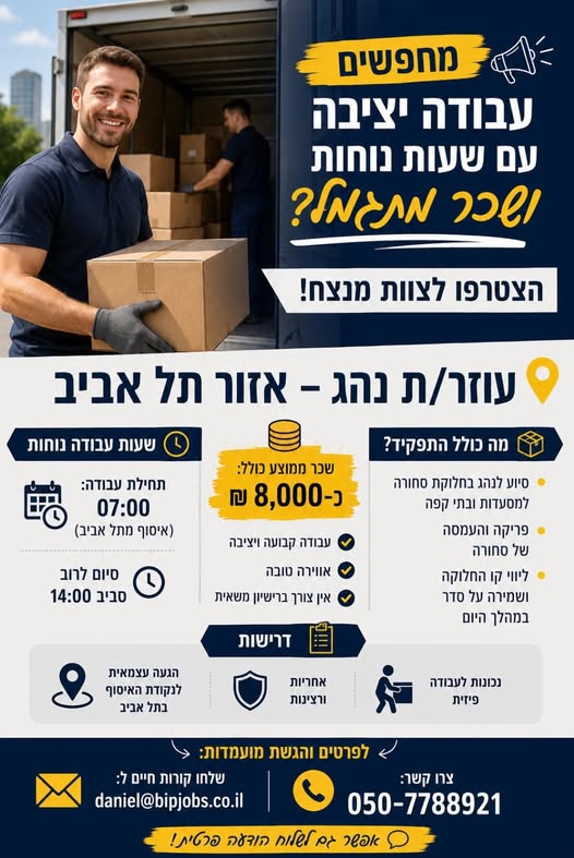 דרוש עובד/ת בתחום נהגים, רכב ותחבורה בתל אביב