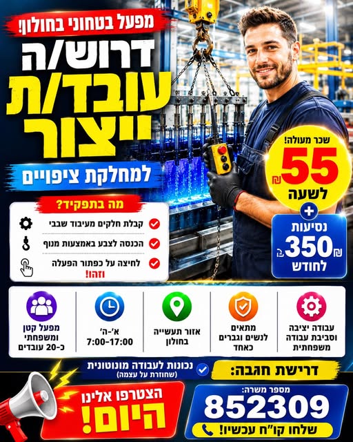 דרוש עובד/ת בתחום מכונות ותעשיה בחולון