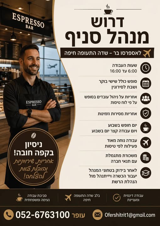 דרוש עובד/ת בתחום מסעדנות, בתי קפה וקייטרינג בחיפה