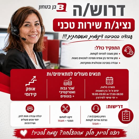 דרוש עובד/ת בתחום שירות לקוחות בנתניה