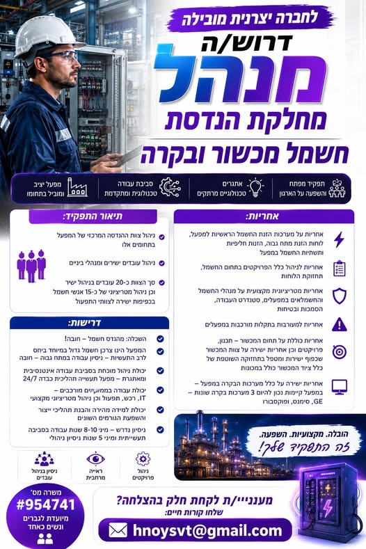 דרוש עובד/ת בתחום חשמל בחדרה