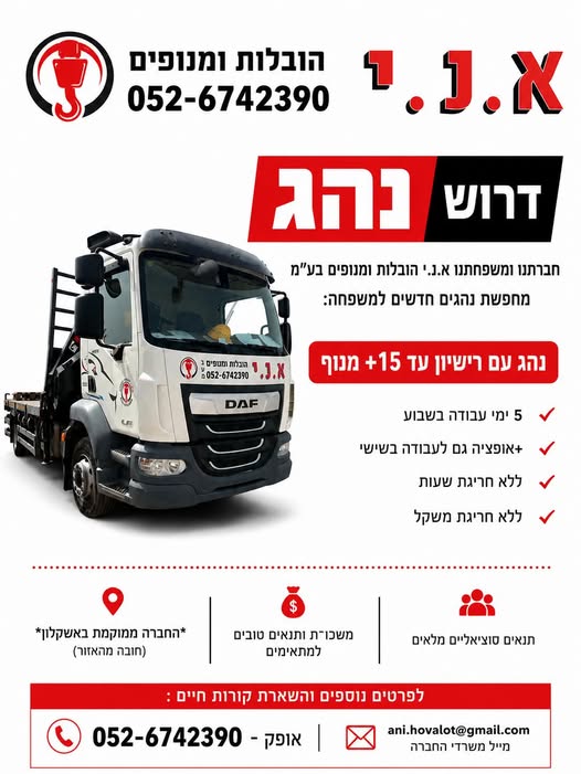 דרוש עובד/ת בתחום נהגים, רכב ותחבורה באשקלון