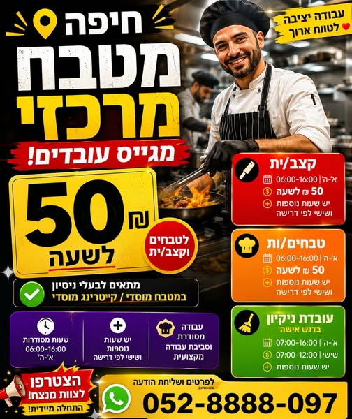 דרוש עובד/ת בתחום מסעדנות, בתי קפה וקייטרינג בחיפה