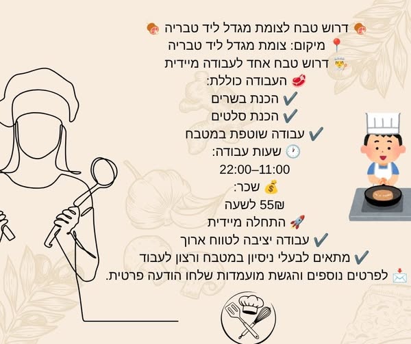 דרוש עובד/ת בתחום מסעדנות, בתי קפה וקייטרינג בטבריה
