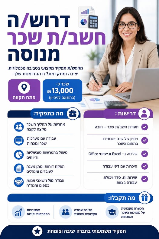 דרוש עובד/ת בתחום חשבונאות וכספים בפתח תקווה
