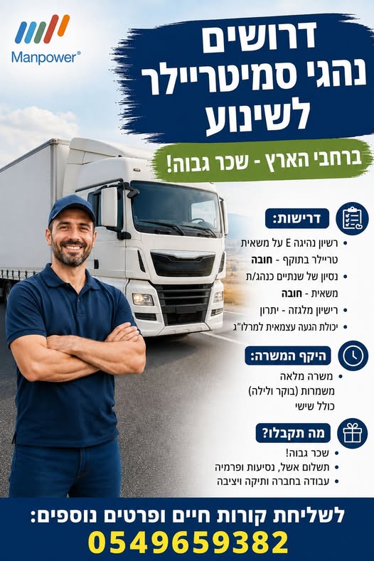 דרוש עובד/ת בתחום נהגים, רכב ותחבורה בנתיבות