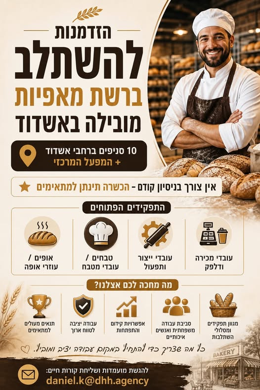 דרוש עובד/ת בתחום מסעדנות, בתי קפה וקייטרינג באשדוד
