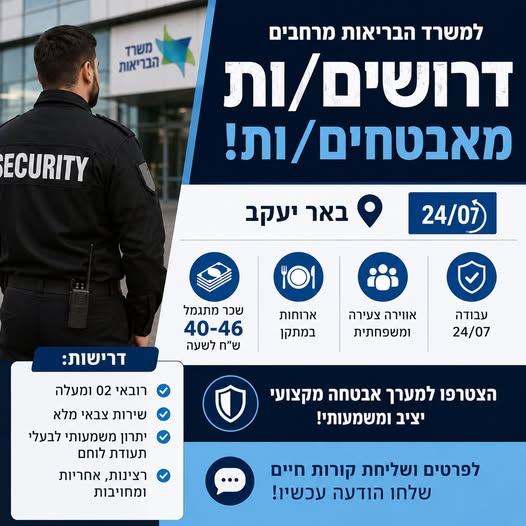 דרוש עובד/ת בתחום אבטחה ושמירה בבאר יעקב