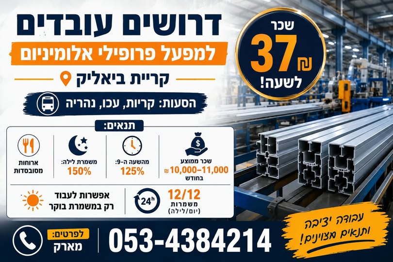 דרוש עובד/ת בתחום מכונות ותעשיה בקריית ביאליק