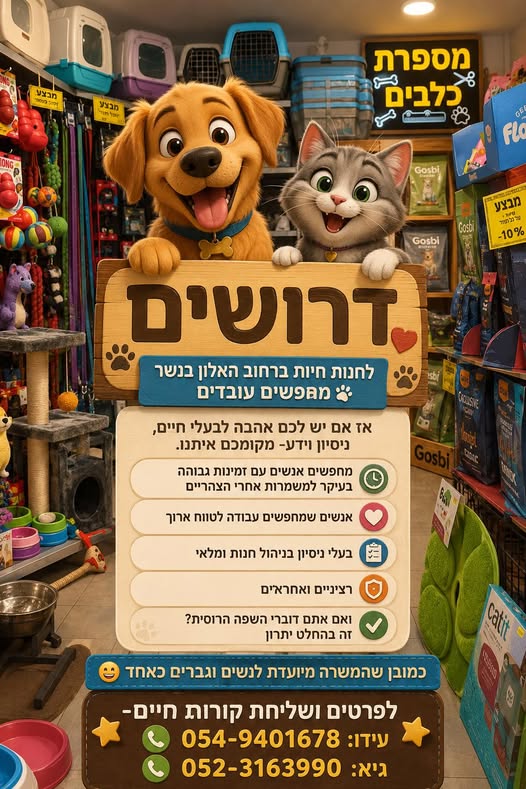 דרוש/ה רוצים עבודה עם בעלי חיים ואנשים טובים? שלחו הודעה עכשיו עידו - 054 - 9401678 גיא - 052 - 3163990 בחיפה