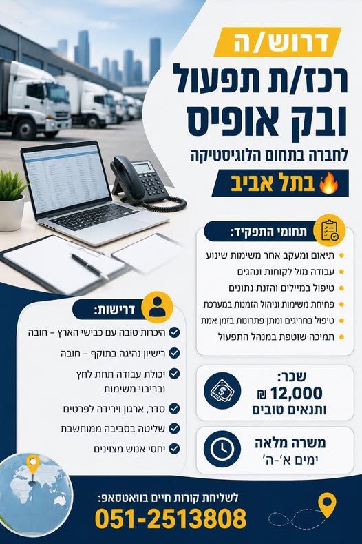 דרוש/ה רכז/ת תפעול ובק אופיס משרה מלאה א - ה: יש גמישות בשעות בתל אביב