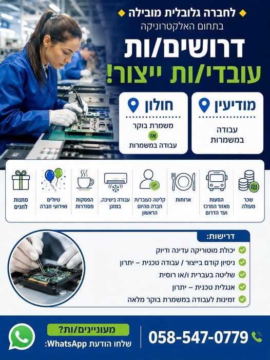 דרושים עובדי ייצור ואלקטרוניקות בנתניה