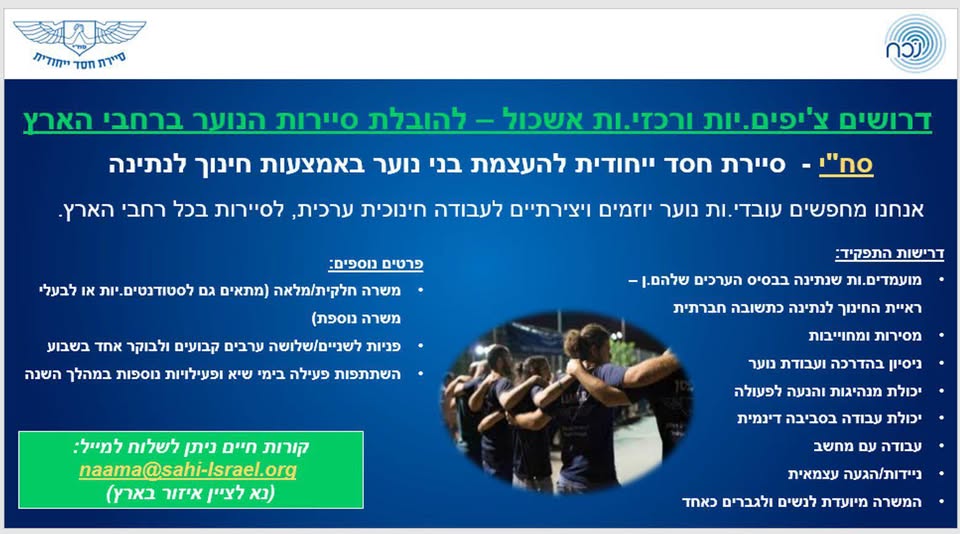 דרושים מובילי קבוצות לסיירות הנוער שלנו בירושלים. משרה חלקית עם אינסוף משמעות ושליחות, מתאימה גם לסטודנטים
