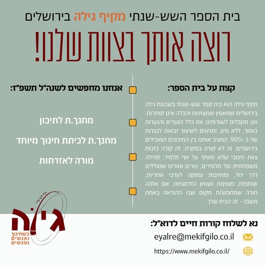 דרושים א.נשים. מחנך.ת לתיכון, מחנך.ת לכיתת חינוך מיוחד, מורה לאזרחות. אבל בעיקר – מישהו.י בירושלים