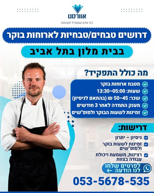 דרושים טבחים/טבחיות לארוחות בוקר בבית מלון יוקרתי בתל אביב! מטבח ארוחות בוקר