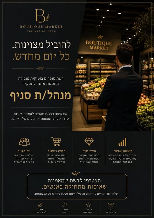 דרוש/ה מנהל/ת סניף איכותי/ת עם ניסיון מעולם הקמעונאות לתפקיד משמעותי ומתגמל במיוחד. מה מחכה לך? ברמת גן