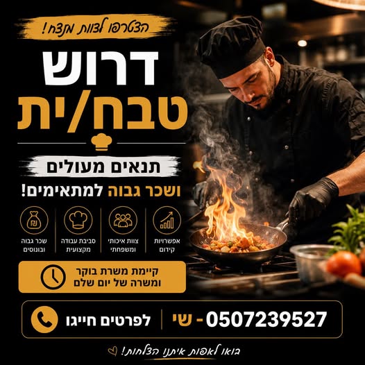 דרושים טבחים למטבח חלבי/בשרי באילת