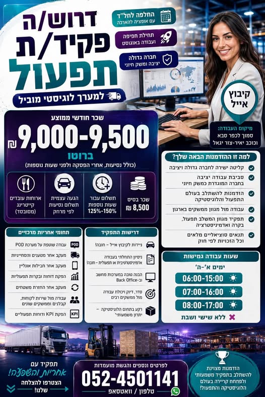 דרוש/ה פקיד/ת תפעול החלפה לחל”ד עם אופציה להארכה תחילת חפיפה ועבודה באוגוסט בהרצליה
