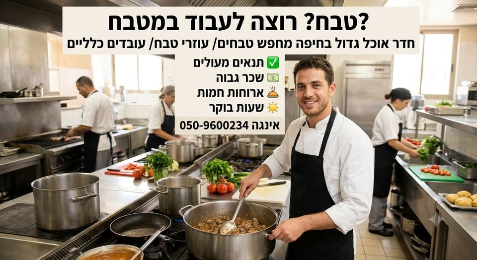דרוש/ה טבחים/ עוזרי טבח/ עובדים כלליים oan — ! מעולים ו"7 3 בחיפה