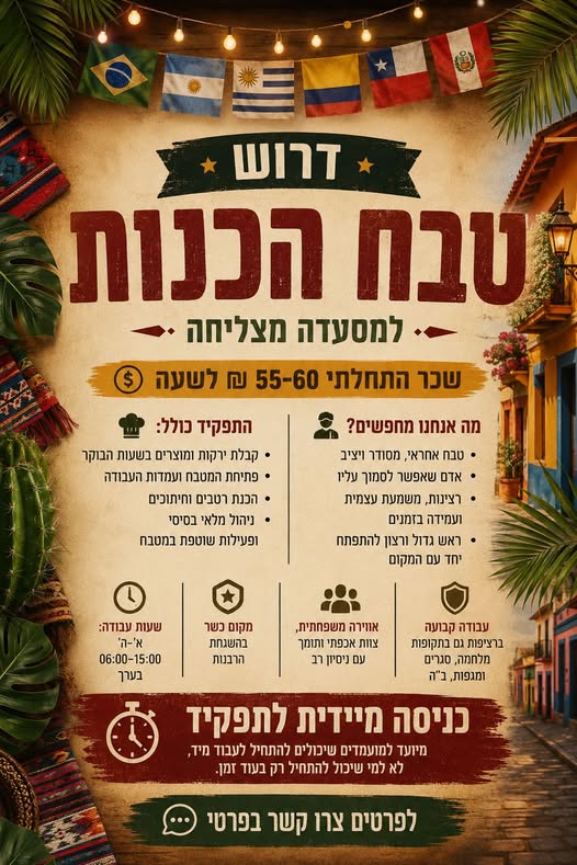 דרוש/ה טבח הכנות למסעדה מצליחה וותיקה ברחוב גבול נס ציונה דרוש טבח הכנות אחראי, רציני ויציב לטווח ארוך