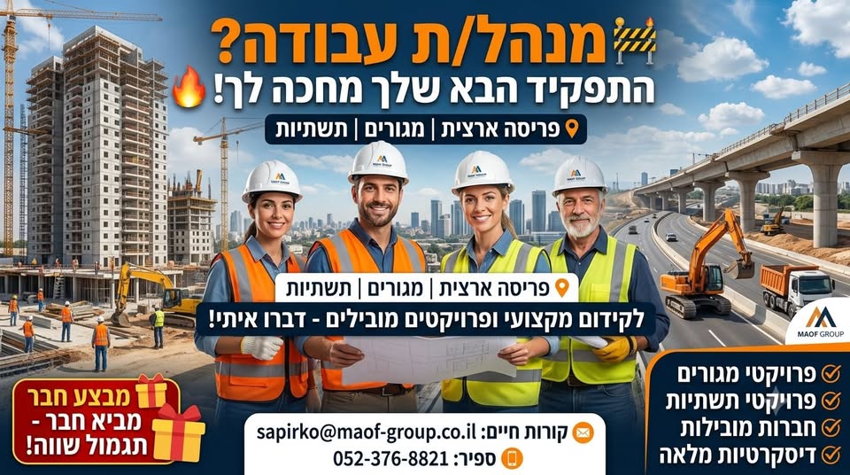 דרוש/ה מנהל עבודה וצוות בבאר שבע