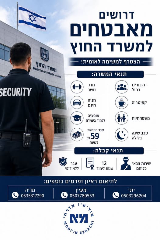דרושים אנשי/נשות אבטחה למשרד החוץ! בואו לקחת חלק ביחידה הכי שווה שיש! חמוש:(תעודת לוחם חובה) - 6 תקנים - 59 בבית שמש