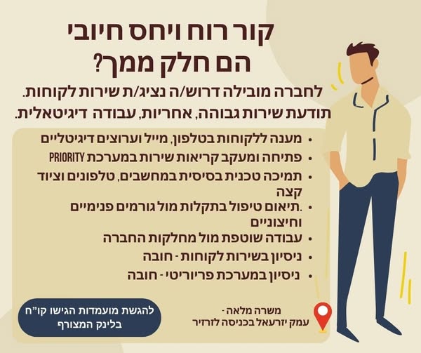 דרוש/ה נציג/ת שירות לקוחות מקצועי/ת עם תודעת שירות גבוהה ואהבת אנשים אמיתית. מה כולל התפקיד: מענה ללקוחות בעמק יזרעאל