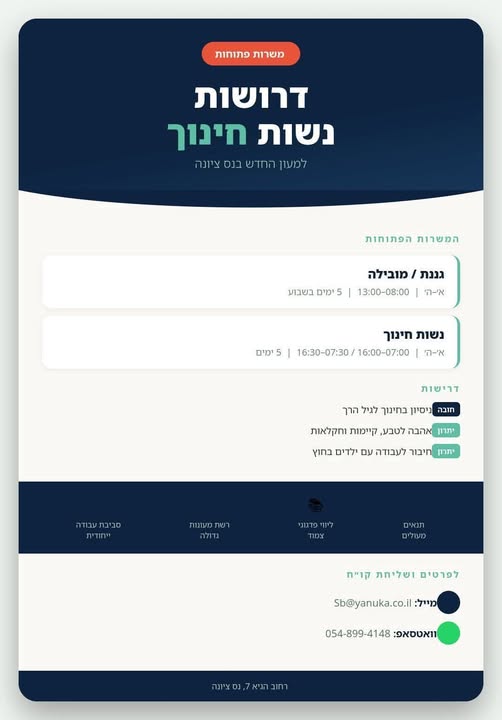 דרושות נשות חינוך מיוחדות למעון חדש ומיוחד בנס ציונה אנחנו לא מחפשות סתם עובדות — אנחנו מחפשות נשים