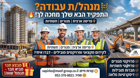 דרוש/ה מנהל עבודה וצוות בפתח תקווה