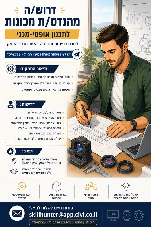דרוש/ה מהנדס/ת מכונות לתכנון אופטי - מכני לחברת פיתוח והנדסה באזור מגדל העמק *יש לציין מספר משרה בנושא ה