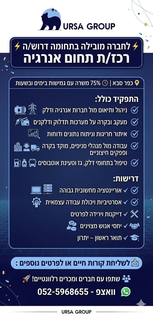 דרוש/ה רכז/ת תחום אנרגיה כפר סבא ו75% משרה עם גמישות בימים ובשעות