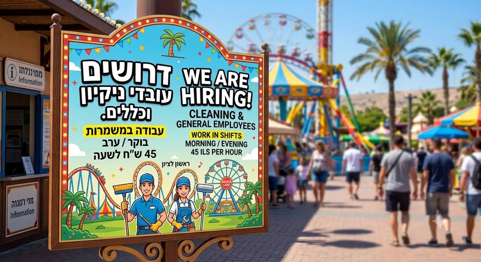 דרושים עובדים לפארק השעשועים הגדול בראשון לציון! מחפשים עבודה באווירה דינמית, קצבית וכיפית? מקומכם איתנו! דרושים אנשי צוות לעבודות ניקיון כללי ותחזוקת שירותים