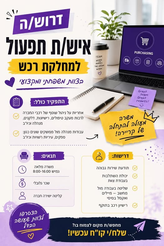 דרוש/ה איש/ת תפעול ורכש - תפקיד התחלתי בפתח תקווה