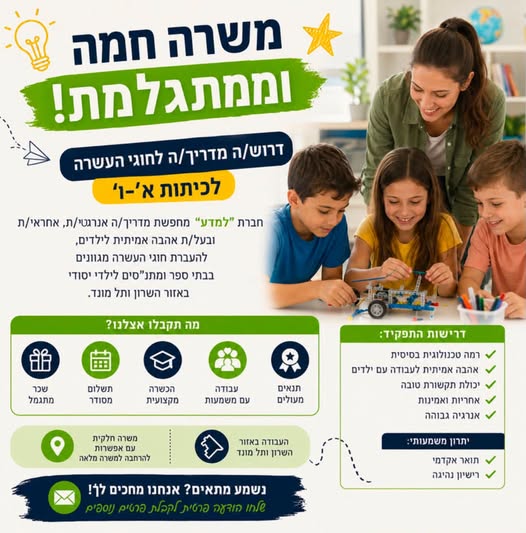 דרוש/ה מדריך/ה לחוגי העשרה לכיתות א’ - ו’ חברת “למדע” מחפשת מדריך/ה מסור/ה, אחראי/ת ובעל/ת אנרגיה גבוהה להעברת חוגי העשרה מגוונים בבתי ספר ובמתנ”סים לילדי בית הספר היסודי באזור השרון ותל מונד. מה תקבלו אצלנו?
