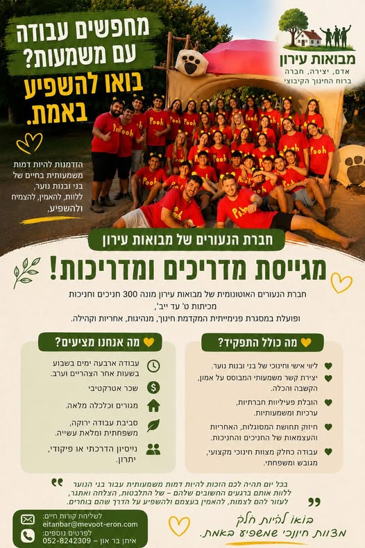 דרוש/ה מדריכים ומדריכות! אם אתם מחפשים עבודה עם משמעות ורוצים להשפיע באמת על בני ובנות נוער, אנחנו מחפשים אתכם! מי אנחנו? חברת הנעורים של מבואות עירון היא קהילה חינוכית בתנאי פנימייה, המונה כ 300 חניכים וחניכות מכיתות ט' עד י