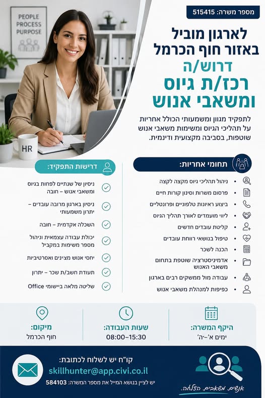 דרוש/ה רכז/ת גיוס ומשאבי אנושלתפקיד מגוון ומשמעותי הכולל אחריות על תהליכי הגיוס ומשימות משאבי אנוש שוטפות, בסביבה מקצועית ודינמית. מספר משרה: 515415לארגון מוביל באזור חוף הכרמל דרוש/ה רכז/ת גיוס ומשאבי אנושלתפקיד מגוון ומשמעותי הכולל אחריות