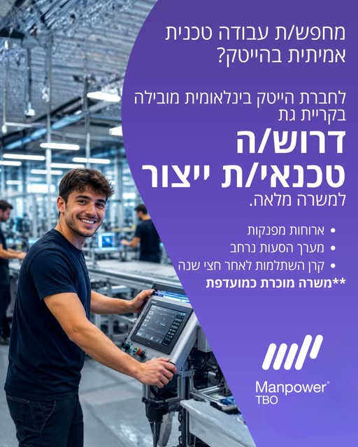 דרוש/ה טכנאי/ת ייצור לחברת הייטק בינלאומית בקריית גתחברת הייטק בינלאומית וחדשנית מגייסת טכנאי/ת ייצור עם רקע טכני, לעבודה בסביבת ייצור מתקדמת ומקצועית.• עבודה במשמרות נוחות במיוחד, ממוצע של כ־18 ימי עבודה בחודש (כולל סופי שבוע לפי רוטציה)• באשקלון