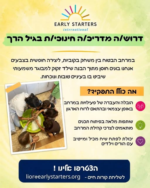 דרוש/ה אנשי חינוך מקצועיים ומנוסים בגיל הרך שיצטרפו לעשייה שלנו ׳במרחב הבטוחים׳ . המרחב הבטוח הוא מרחב חינוכי בלתי - פורמלי משותף להורים ולילדים בגיל הרך (לידה–6) הפועל מתוך תפיסה שההורה הוא הדמות המשמעותית ביותר בהתפתחות הילד. דרך פעילות משות בטבריה