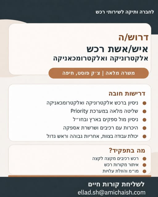 דרוש/ה איש/אשת רכש אלקטרוניקה ואלקטרומכאניקה בחיפה