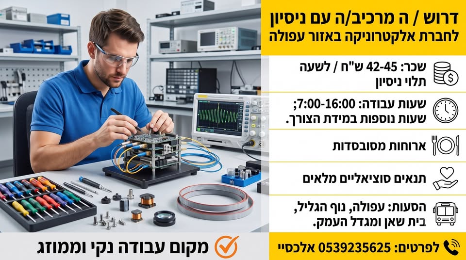 דרוש/ה מרכיב/ה מנוסה לחברת אלקטרוניקה מובילה באזור עפולה! מחפשים/ות קפיצת מדרגה מקצועית בסביבת עבודה טכנולוגית, נקייה וממוזגת? אנו מגייסים אנשי/נשות טכנולוגיה והרכבה למערך אינטגרציה מורכב. המשרה מתאימה מאוד גם לחיילים/ות משוחררים/ות ויוצאי/