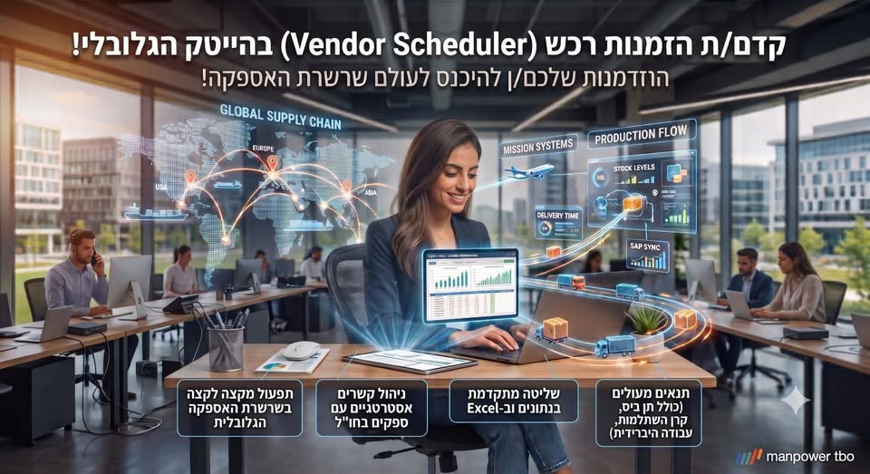 דרוש/ה קדם/ת הזמנות רכש (Vendor Scheduler). אם יש לכם/ן רקע תפעולי, יכולת עבודה מצוינת עם נתונים ורצון להתפתח מקצועית – המקום שלכם/ן איתנו! אנחנו מחפשים פוטנציאל, למידה מהירה ואסרטיביות. מה עושים ביום - יום? - ניהול תהליכים מקצה לקצה: תפעול ו בפארק המדע ר