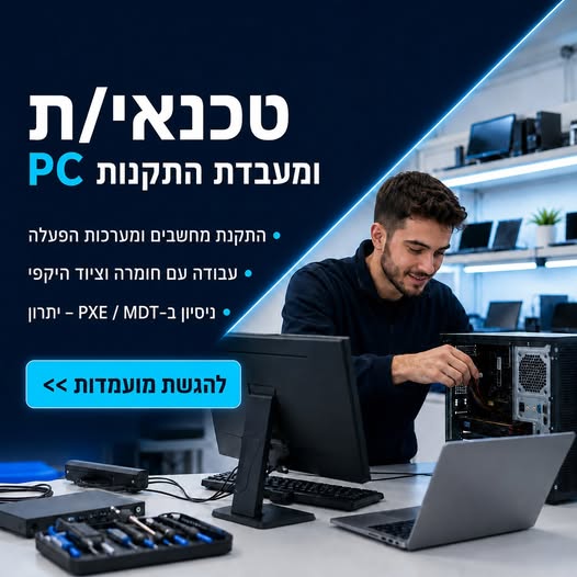 דרוש/ה טכנאי/ת מעבדת התקנות לעבודה באזור כרמיאל מה עושים בתפקיד? מכינים ומתקינים מחשבים עבור משתמשי הארגון מתקינים מערכות הפעלה Windows ו־Linux מבצעים פריסת Images באמצעות PXE / MDT בודקים ומנפקים מחשבים וציוד היקפי קולטים, מתעדים